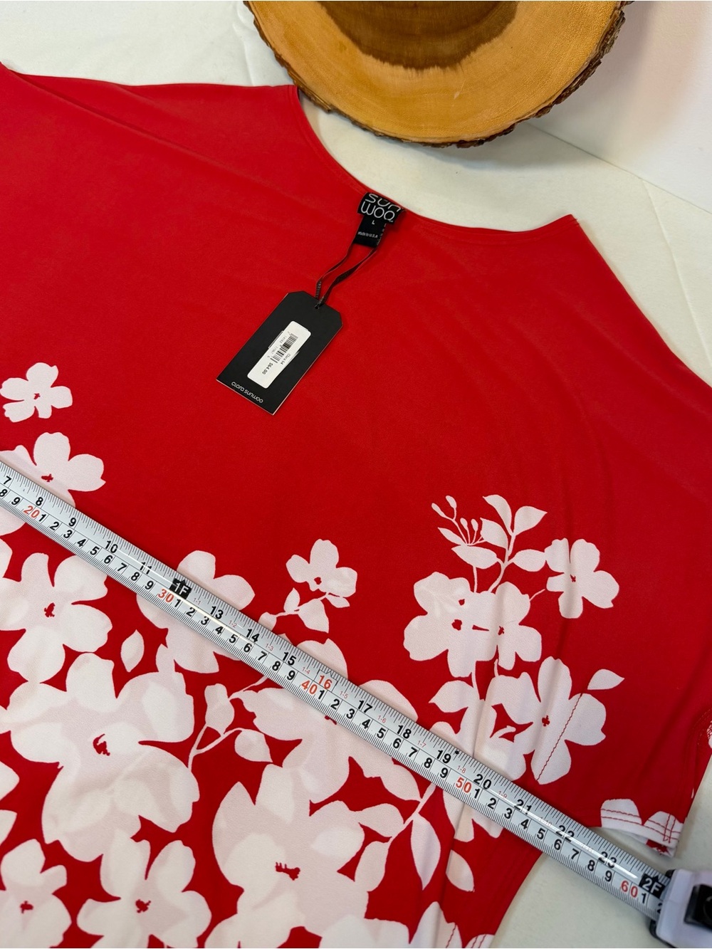 Clara Sun Woo Red Short-Sleeve Top White Floral Border Cottagecore Women’s Large - Picture 5 of 6